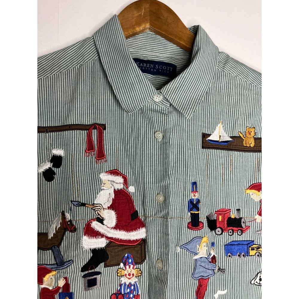 Karen Scott Christmas Embroidered Button-Up Shirt Santa Toys Green Striped - Picture 2 of 10